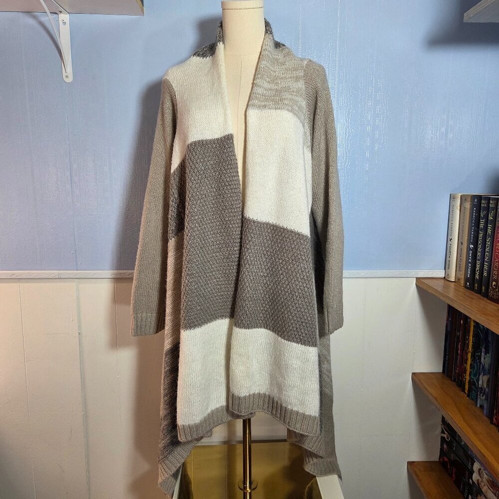 Chico's Size 2 Neutral Colorblock Open Waterfall Long Asymmetrical Cardigan